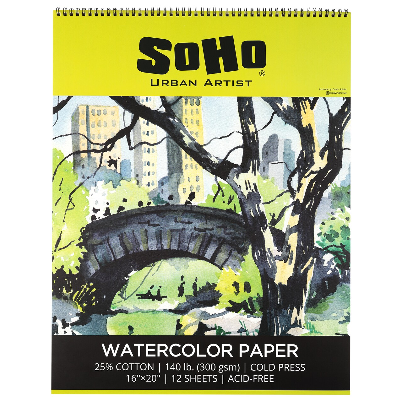 SoHo Urban Artist Watercolor Paper Spiral Pad - 140lb Cold Press Acid-Free, ECF, 12 Pages, Multimedia Paper